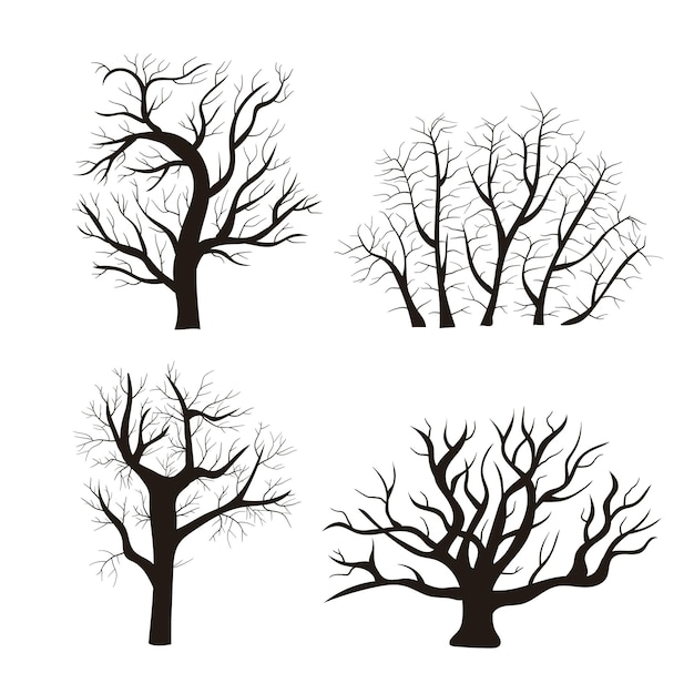 Conjunto de iconos de árbol negro de silueta de dibujos animados Vector