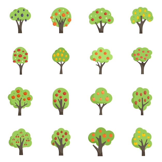 Conjunto de iconos de árboles frutales jardín de manzana vectorial plano