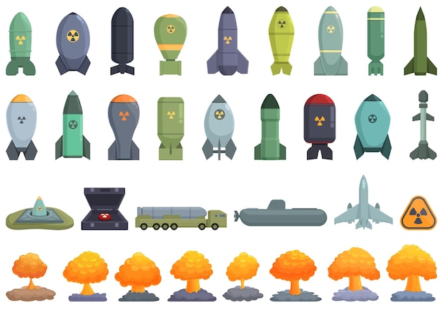 Conjunto de iconos de armas nucleares vector de dibujos animados barco militar