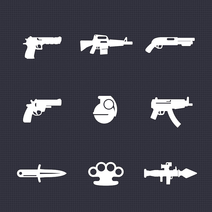 Vector conjunto de iconos de armas, pistola, rifle de asalto, revólver, escopeta, granada, metralleta, cuchillo, lanzacohetes