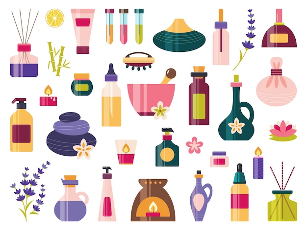 Conjunto de iconos de aromaterapia con aceites esenciales para spa y masajes.