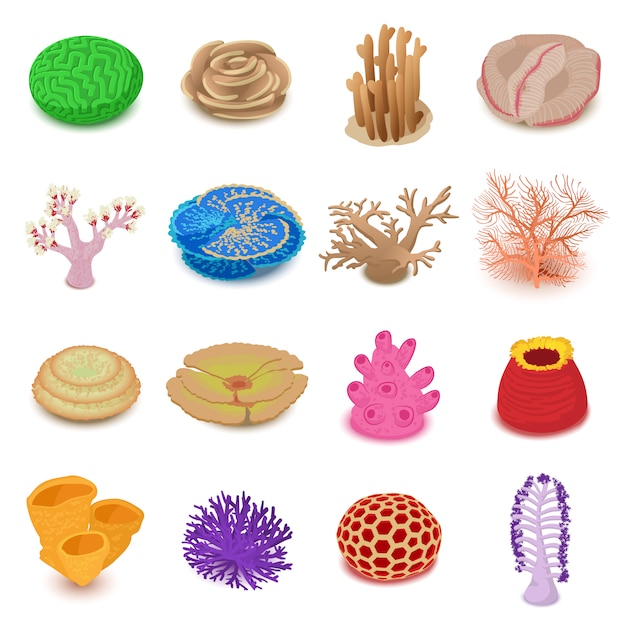 Conjunto de iconos de arrecifes de coral. Ilustración isométrica de 16 iconos de vector de arrecife de coral para web