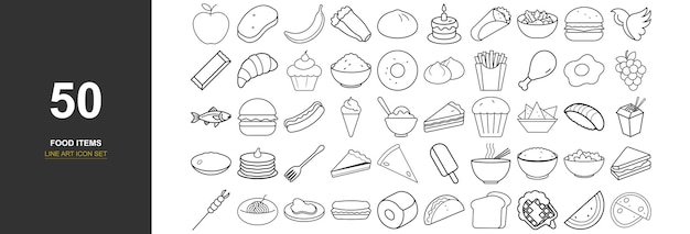 Conjunto de iconos de arte de línea de 50 artículos alimenticios