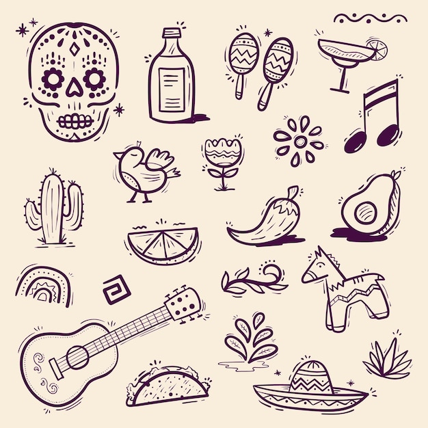 Conjunto de íconos de arte de la línea de México dibujados a mano