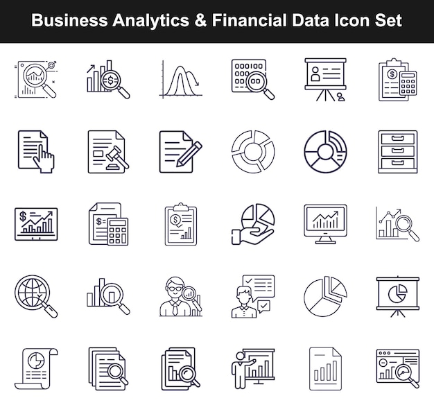 El conjunto de iconos de arte de línea presenta gráficos financieros y herramientas de análisis de negocios para la visualización de datos