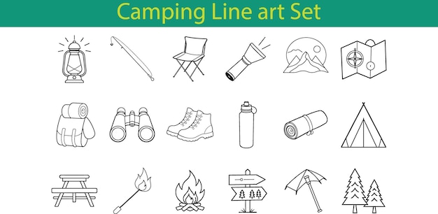 Un conjunto de iconos de arte de línea que representan elementos esenciales para acampar, incluida una silla de caña de pesca con linterna.