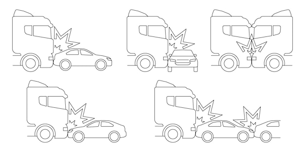 Conjunto de iconos de arte de línea de transporte de accidente de accidente de camión de coche Esquema de vector de vehículo de carril que se aproxima lateral