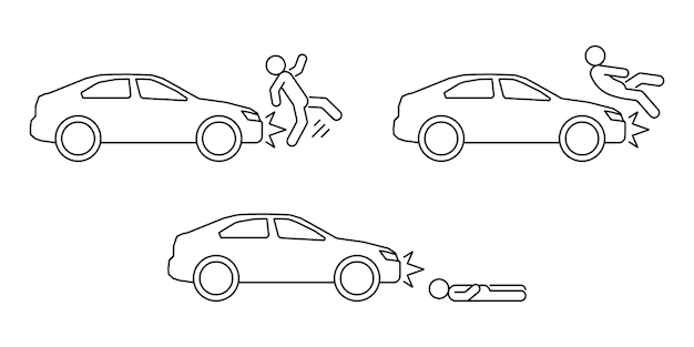 Conjunto de iconos de arte de línea de transporte de accidente de personas de accidente de coche Obstáculo de colisión Derribar contorno vectorial