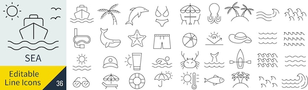Un conjunto de iconos de arte de líneas monocromáticos vectoriales con temas oceánicos