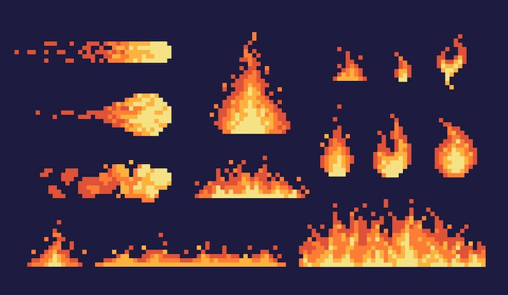 Vector conjunto de iconos de arte de píxeles de fuego y llamas