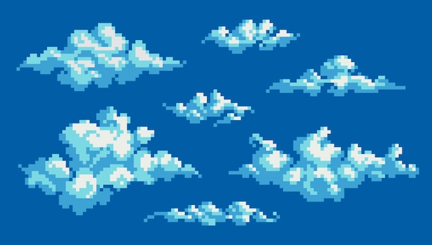 Conjunto de iconos de arte de píxeles de nubes rizadas esponjosas Colección de logotipos de elementos de cielo de humo o niebla