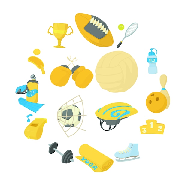 Conjunto de iconos de artículos de deporte, estilo de dibujos animados