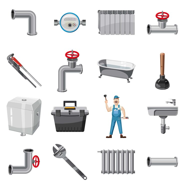 Vector conjunto de iconos de artículos de fontanero. ilustración de dibujos animados de iconos de vector de artículos de fontanero para web