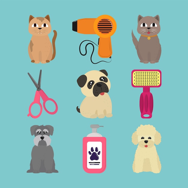 Conjunto de iconos de aseo de mascotas