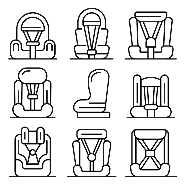 Conjunto de iconos de asiento de coche de bebé, estilo de contorno