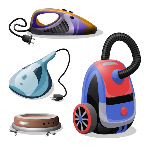 Conjunto de iconos de aspiradora vector de dibujos animados. aspiradora. aspirar polvo