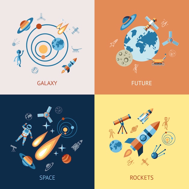 Conjunto de iconos de astronomía espacio y cohetes