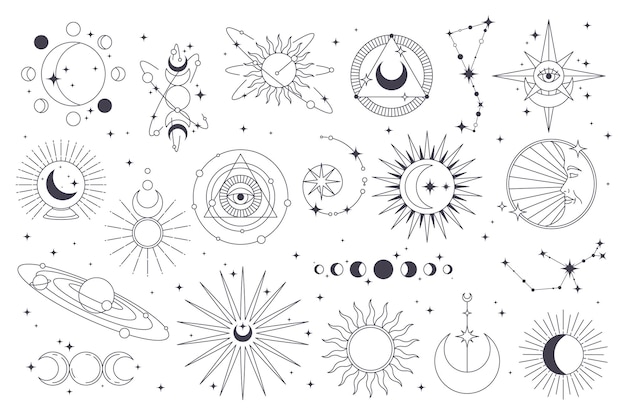 Vector conjunto de iconos de astronomía o astrología, vectores, signos del cielo, universo o cosmos, galaxias y pegatinas lunares