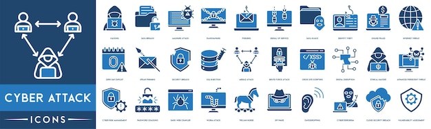 Conjunto de iconos de ataque cibernético Hacker de violación de datos Malware de ataque Ransomware y phishing vector de iconos