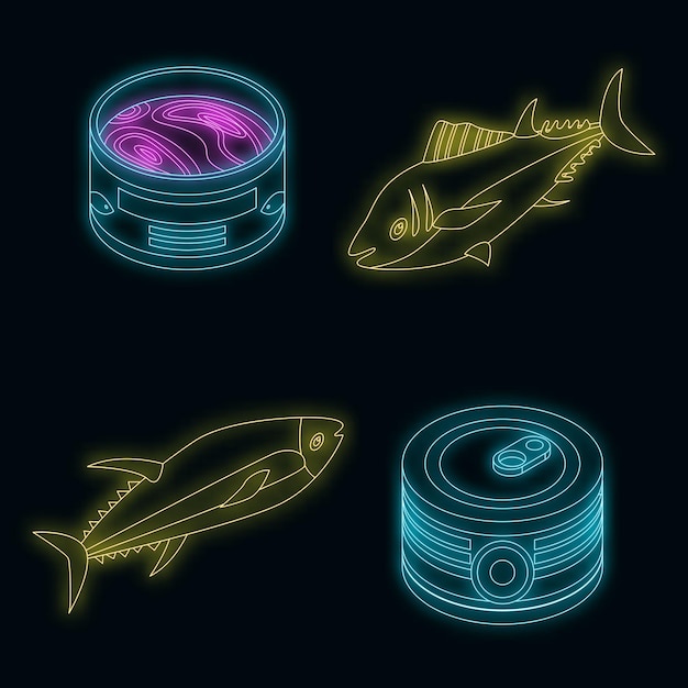 Conjunto de iconos de atún neón vectorial