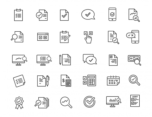 Vector conjunto de iconos de auditoría lineal. iconos de inspección en diseño simple.