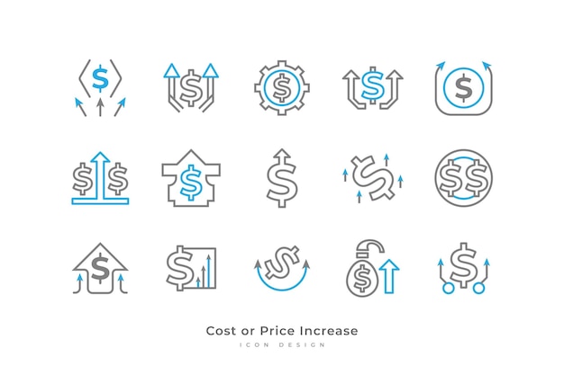 Conjunto de iconos de aumento de costo o precio con estilo de línea simple Ilustración comercial y financiera Aumento de la tasa de dinero Icono de crecimiento de la inversión