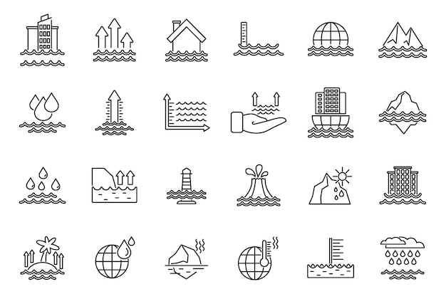 Conjunto de iconos de aumento del nivel del mar vector de contorno Nivel de agua