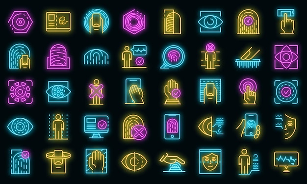 Conjunto de iconos de autenticación biométrica. Esquema conjunto de iconos de vector de autenticación biométrica color de neón en negro
