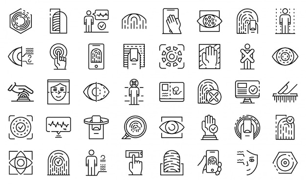 Conjunto de iconos de autenticación biométrica, estilo de contorno