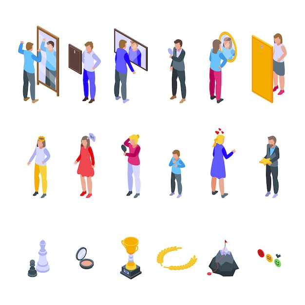 Conjunto de iconos de autoestima. Conjunto isométrico de iconos de autoestima para diseño web aislado sobre fondo blanco.