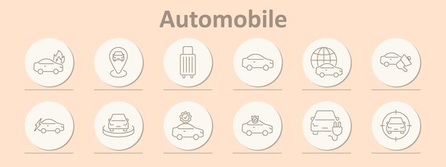 Conjunto de íconos de automóviles Mapa de fuego equipaje anuncio de globo certificado de parachoques eléctricos escudo de carga objetivo Íconos de línea en fondo beige