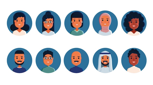 Conjunto de iconos de avatares planos de mujeres y hombres de diferentes nacionalidades y razas