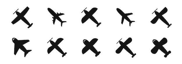 Conjunto de iconos de avión Colección de iconos de aviones Colección de diferentes aviones Iconos de avión Iconos de vuelo negro plano Gráfico vectorial