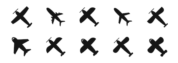 Conjunto de iconos de avión colección de iconos de aviones colección de diferentes aviones iconos de avión iconos de vuelo negro plano gráfico vectorial