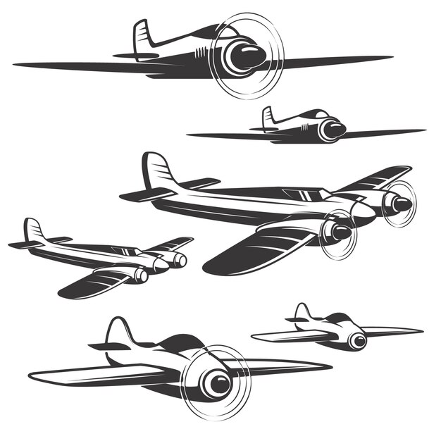 Conjunto de iconos de avión sobre fondo blanco. Elementos para logotipo, etiqueta, emblema, signo.