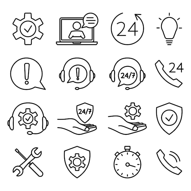Conjunto de iconos de ayuda y soporte. Soporte técnico online. Ilustración del concepto de asistencia, centro de llamadas, servicio de ayuda virtual. Solución de soporte o asesoramiento. Contorno vectorial