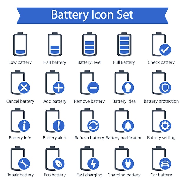 Conjunto de iconos azules de la batería