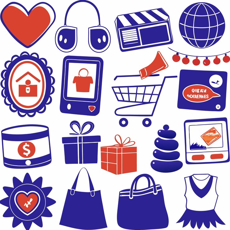 Vector conjunto de iconos azules y rojos dibujados a mano que incluye un carrito de compras, un regalo, un corazón, un globo telefónico, un hogar y más.