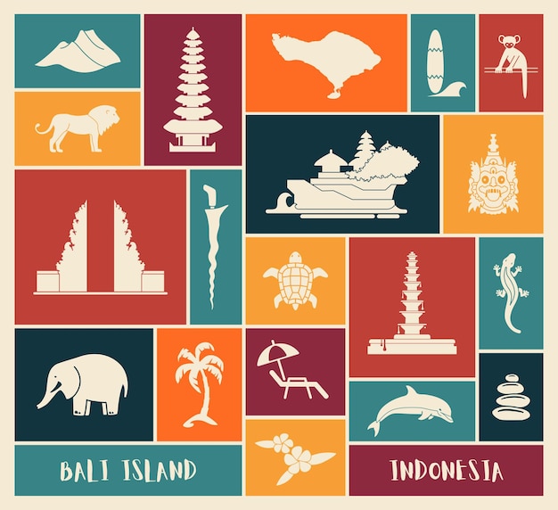 Vector conjunto de iconos de bali indonesia atracciones diseño plano turismo en bali ilustración vectorial aislada símbolos tradicionales