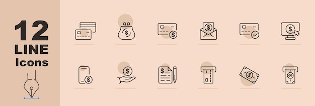 Conjunto de iconos bancarios Aumento de los precios de los intereses de las tarjetas de crédito Correo acciones bonos calendario cartel fondo de color pastel icono de línea vectorial para negocios