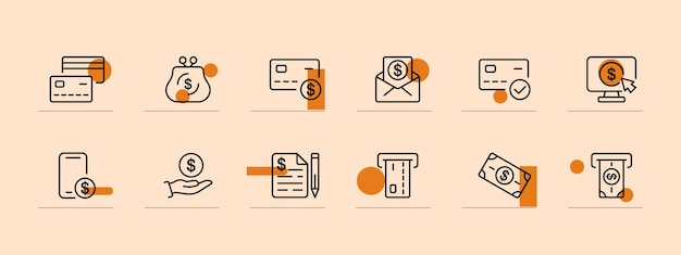 Conjunto de iconos bancarios Monitorear billete de dólar emisión de cajeros automáticos de mano teléfono inteligente denominación de moneda fondo de color pastel icono de línea vectorial para negocios y publicidad