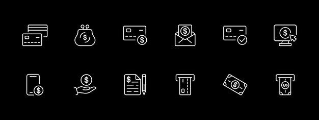 Conjunto de iconos bancarios Monitorear billete de dólar emisión de cajeros automáticos de mano teléfono inteligente denominación de la moneda Icono de línea blanca en fondo negro Icono de linea vectorial para negocios y publicidad
