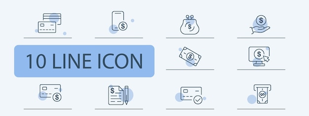Conjunto de iconos bancarios Monitoreo de billetera de dólares Contrato de tarjeta Acuerdo de caja automática Moneda de 10 líneas Estilo de icono Línea vectorial para negocios y publicidad