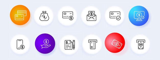 Conjunto de iconos bancarios Monitoreo de billetera de dólares Contrato de tarjeta Acuerdo de cajeros automáticos Moneda de estilo Neomorfismo Icono de línea vectorial para negocios y publicidad
