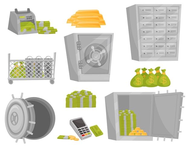 Conjunto de iconos de banco Contador de billetes lingotes de oro bolsas de dinero cajas de depósito de puerta de seguridad redondas Tema financiero Diseño de vectores de dibujos animados Ilustraciones coloridas en estilo plano aislado sobre fondo blanco