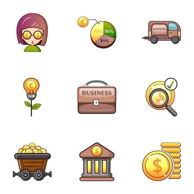 Conjunto de iconos de banco, estilo de dibujos animados