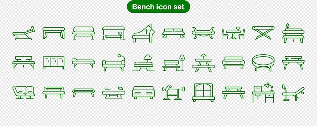 Conjunto de iconos de banco verde Colección de estilo de contorno en fondo transparente Muebles de jardín de parque
