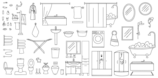 Conjunto de iconos de baño y aseo dibujados a mano Colección de accesorios de baño Ilustración vectorial