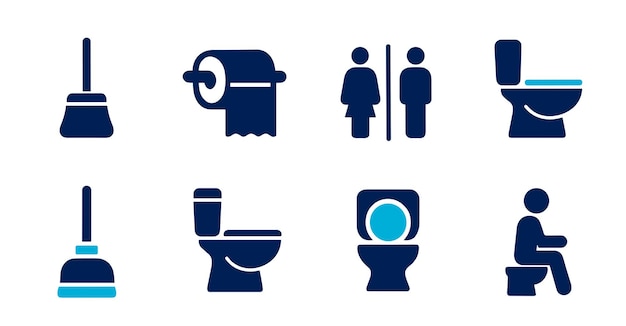 Conjunto de iconos de baño Plunger de inodoro Papel higiénico y símbolos de baño