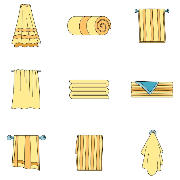 Conjunto de iconos de baño de spa con toallas colgantes ilustración general de 9 iconos vectoriales de baño de spa con toallas colgantes color de línea delgada plana sobre blanco